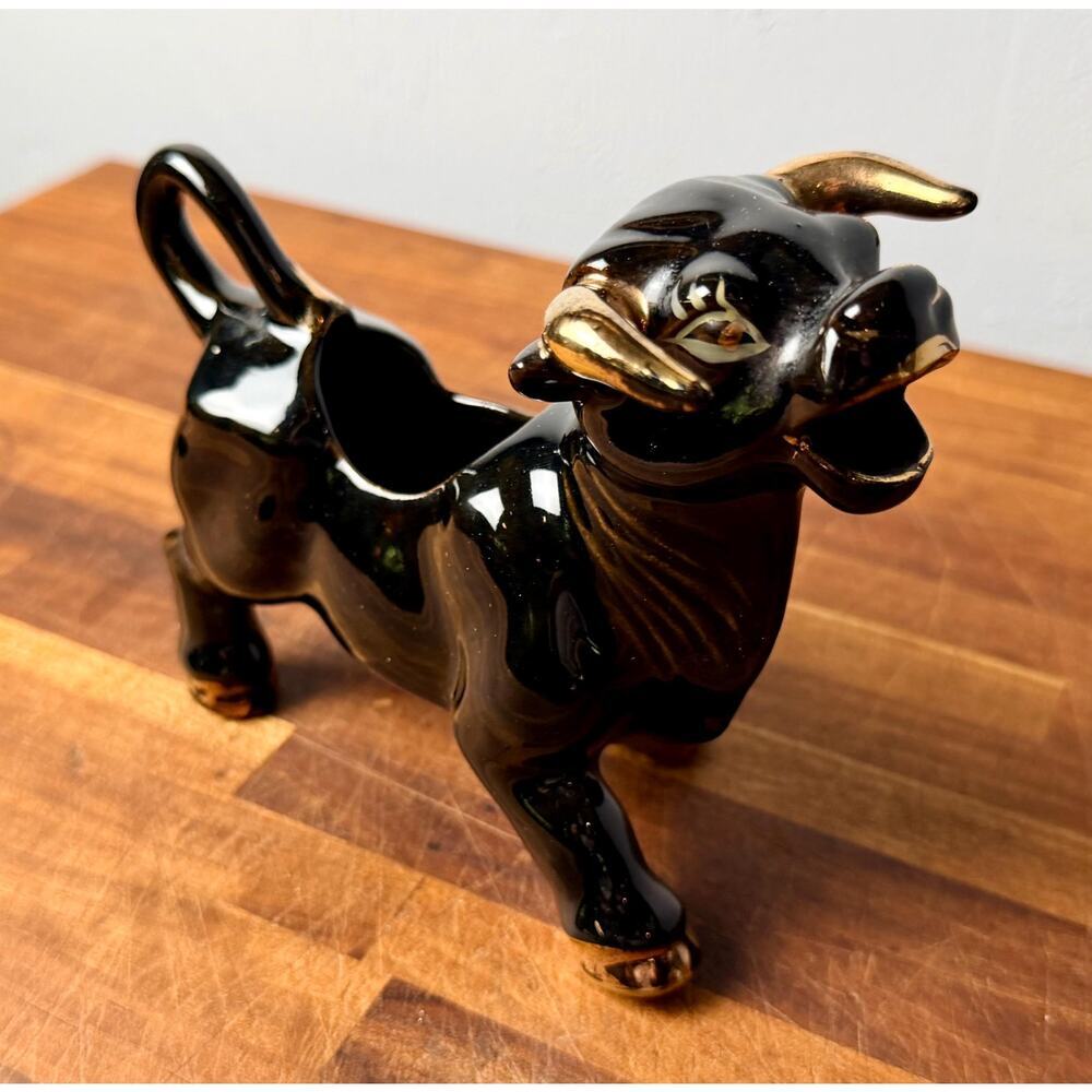 Vintage 1950s Black Bull Creamer | Gold Accents, Mid-Century Ceramic Pitcher - Picture 6 of 15